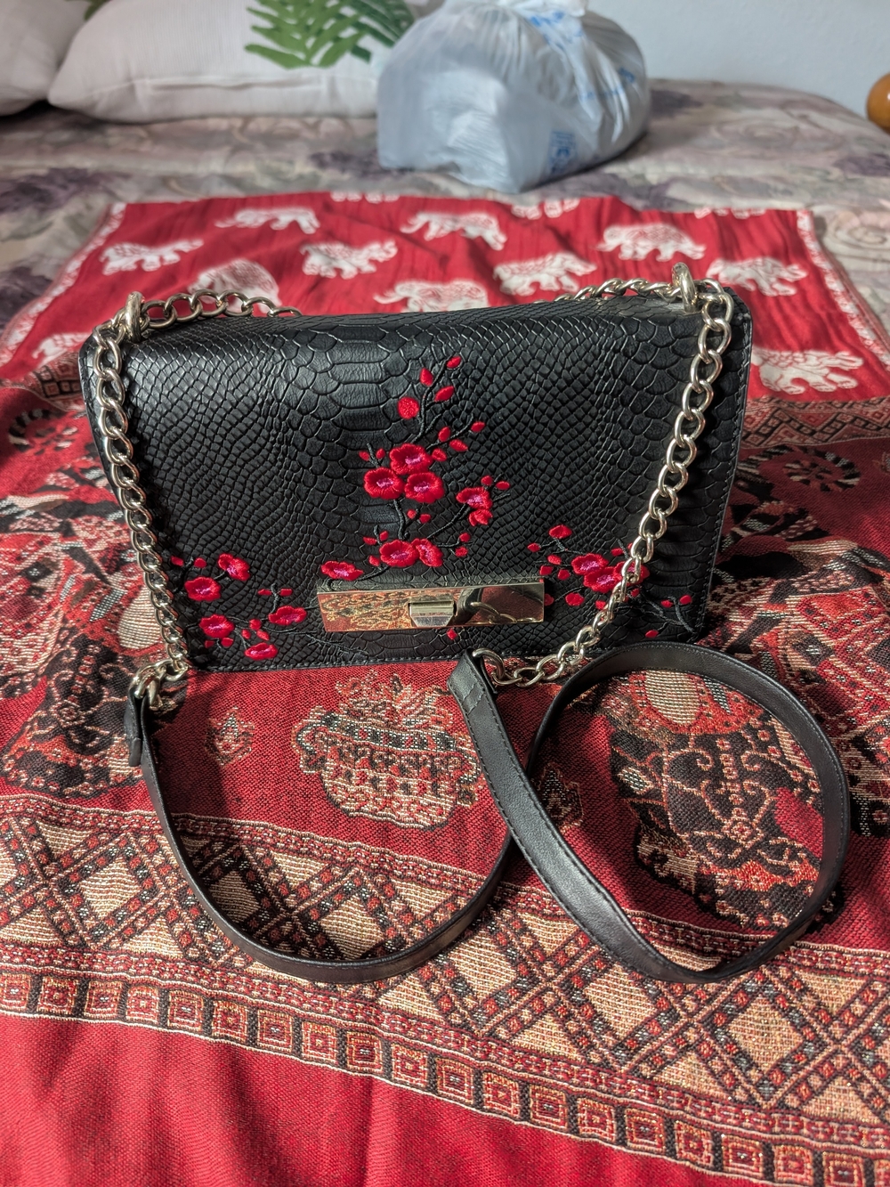 Black Embossed Leather Crossbody Bag with Red Floral Embroidery